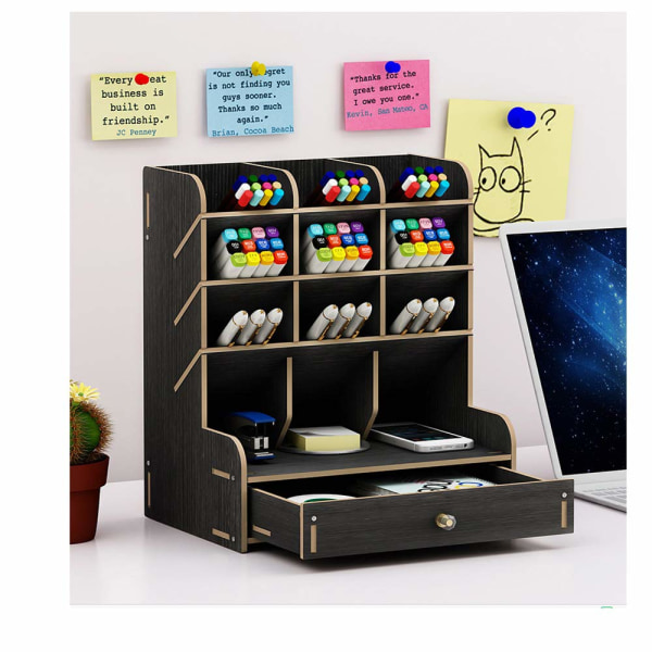 Träskrivbordsarrangör Multifunktionell låda Brevpapper Skrivbordsförvaringslåda Skrivbord Prydlig pennhållare för hem, kontor och skola (svart)