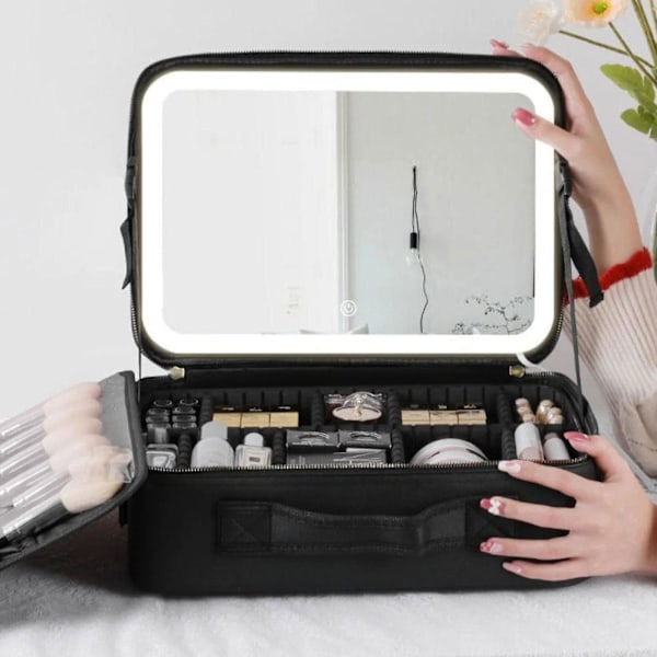 Makeup Rejsetaske med LED-Spejl, Justerbare Skillevægge og Toilettaske i Sort