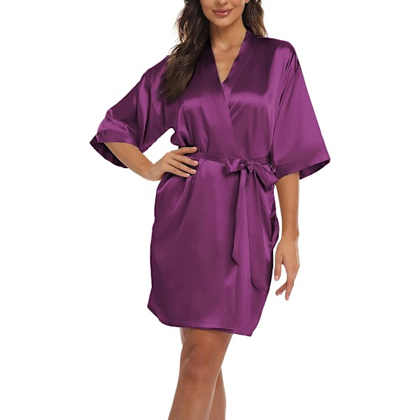 Satin Kimono Morgenkåpe Nattøy med Belte Lommer Brud Brudepiker Kort Sexy V-hals Nattkjole Sommer Kvinner 3/4 Ermer Pyjamas Bryllupsfest Purple XL