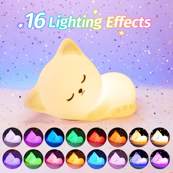 Baby Natlampe Kawaii Børnenatlampe Pigeværelse Indretning, 16 Farver Kat Natlampe Baby Natlampe Børnesengelampe