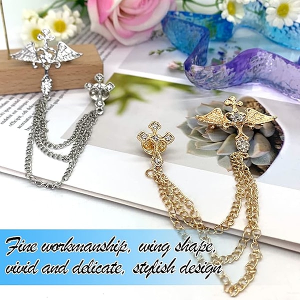 2 Stykker Kors Vinge Rhinestone Broche Kæde Vedhæng Badge Krave Brocher Broche til Mænd Kvinder, Mode Tøjtilbehør