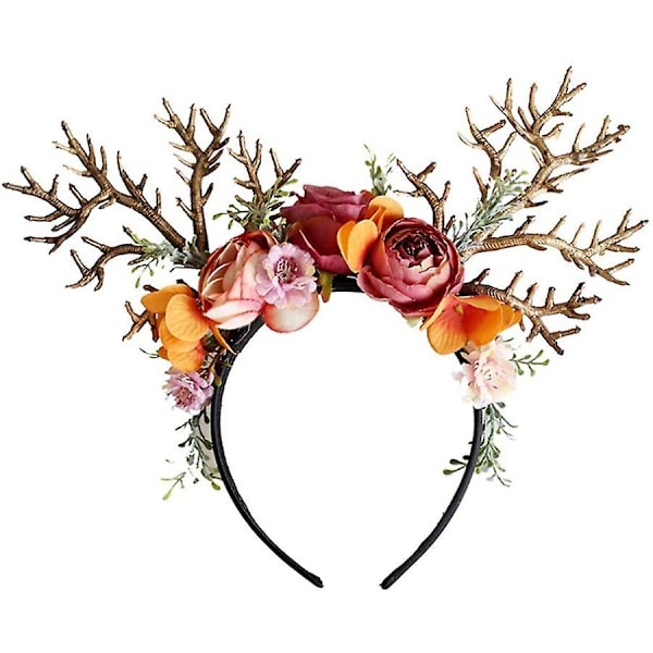 Reindeer with Flowers Christmas Hair Accessories Moose Antler Hair Ornament Santa Hat Moose Headdress Kids Adults Party Photo Props Costume