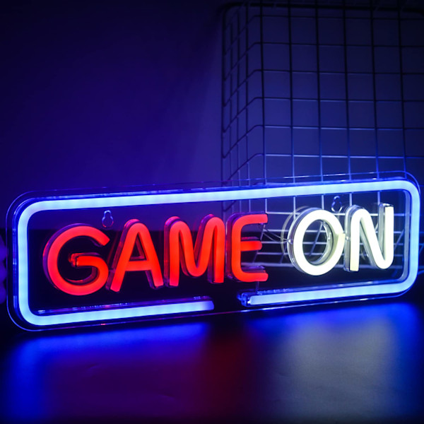 Rødt og hvidt Game on neonskilt, Game on til vægdekoration, USB til familie, børneværelse, bar, soveværelsesfest…