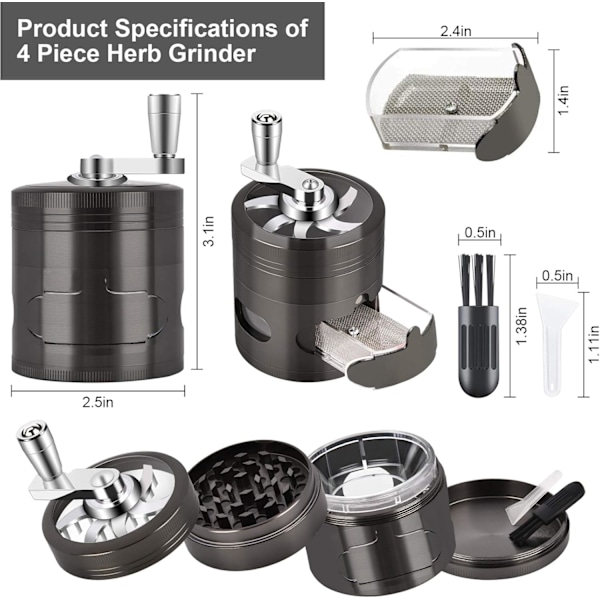 Håndsveiv Urte grinder, 2,5 tommer Krydderkvern med Håndtak og Magnetisk Lokk, 4 Deler Sink Legering Kvern med Skuff og Pollen Samler