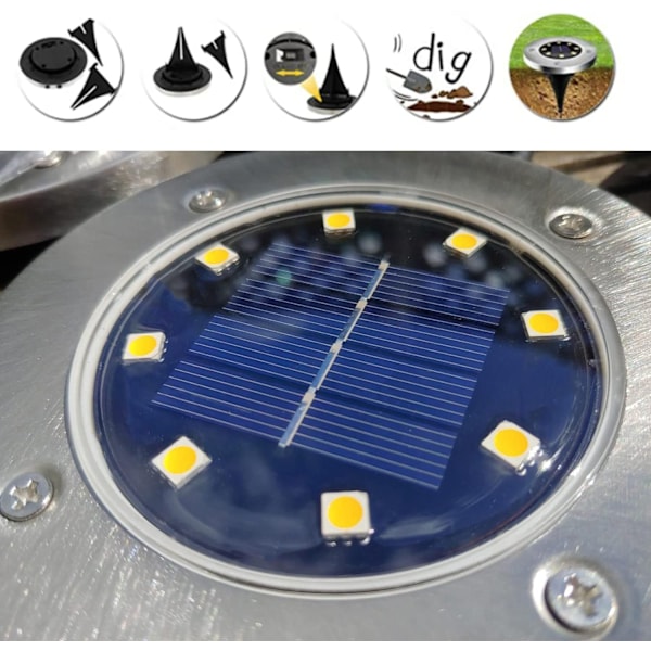 Solarlampor Utomhus Trädgård 8 LED, Solcellsdrivna Marklampor för Landskap, Gångväg, Gräsmatta, Stig Gård Trappor Staket, Trädgårdsdekor (Varmvit)