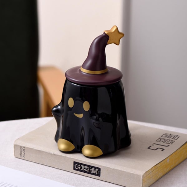 Halloween Spøgelse Keramisk Krus, Nyhed Te Kop, 401-500ml Halloween Kaffe Krus med Låg - Venlig Spøgelse (Sort) Black