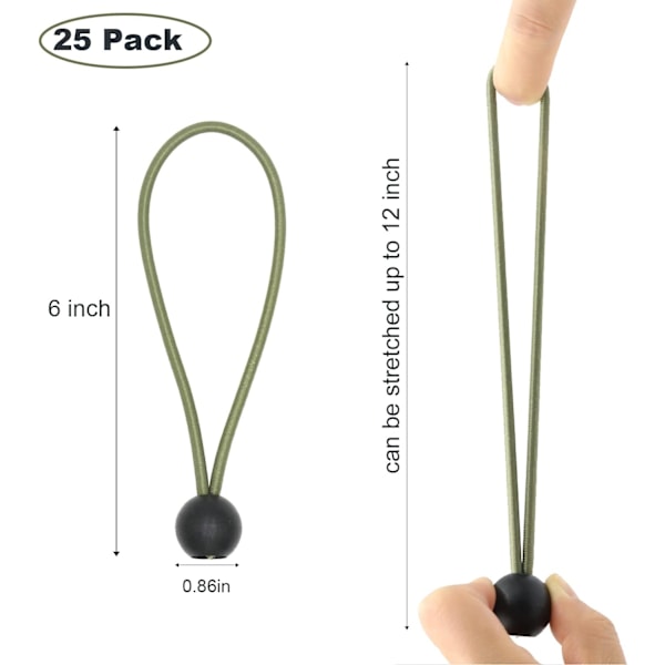 Elastiske Snore 25-pak, Elastisk Snøre med Kugler 15 cm Elastisk Snor UV-bestandig Fastgørelsessnore til Campingpresenning, Baldakin, Teltstænger, Grøn
