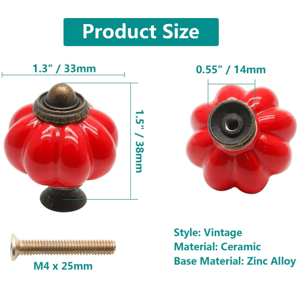 12-pack keramiska dörrknoppar svarta lådknoppar, pumpa keramiska knoppar Vintage skåpsknoppar med monteringsskruvar, antika garderobsdraghandtag, röd red