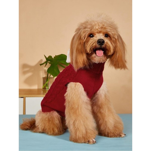 Hundetrøje med Høj Hals og Sløjfe - Varm Vintertrøje Strikket Trøje Hæklet Hundekåbe Julekostume til Små, Mellemstore og Store Hunde og Katte (S)