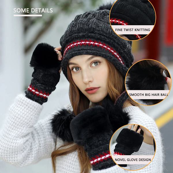 Damhattset Fluffig Vintermössa Stickad Beanie Utomhus Plyschfodrad Rysshatt Pompom Öronlapp med Vantar, svart black