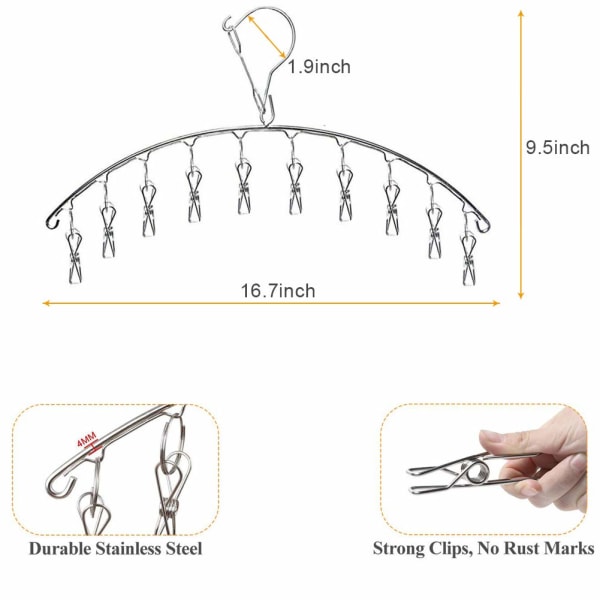 Hængende bøjle i rustfrit stål-sokketørrer bøjle-med 10 holderclips til håndklæder、Undertøj、Tørklæder
