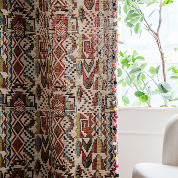 Boho Geometrisk Boheme Gardin, Bomuld Linned Trykt Dekorativ, Gardiner med Kvaster Boligindretning, B150xH240
