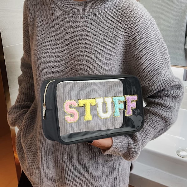 Patch Genomskinlig Sminkväska, Chenille Bokstav Kosmetikväska för Kvinnor för Resor, Vattentät Nylon Organisation Utomhus Dragkedja Toalettväska