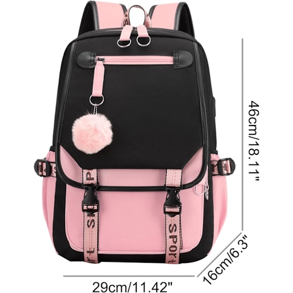 Ryggsäck för tonårsflickor, skolryggsäck för gymnasiet, utomhusryggsäck med USB-laddningsport (21L, Svart Rosa) White