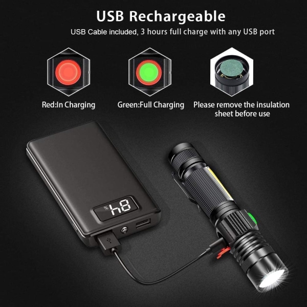 Lommelykt USB-oppladbar, Magnetisk LED-lykt, 2000LM, Vanntett, Zoombar Beste Liten Lommelykt for Camping, Nødlykt, 2 stk