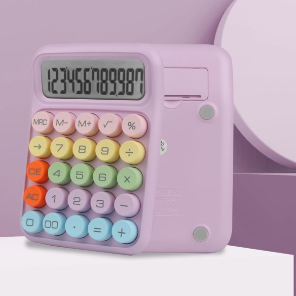 Värikäs elektroninen laskin, 12-numeroinen suuri LCD-näyttö ja suuret pyöreät painikkeet karkkienvärinen pöytälaskin toimistoon, kouluun, kotiin (violetti) Purple