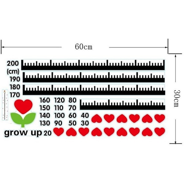 Enkel høydediagram for barn med kjærlighetshjerter, flyttbar DIY vinyl veggklistremerke med 20-200 cm linjal for barnehage, barnerom