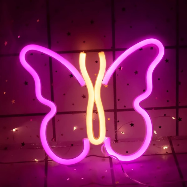 Butterfly neonskyltar för väggdekoration i sovrummet, USB eller batteri LED-väggdekoration (rosa/gul) Pink/Yellow 9.05" x 7.48"