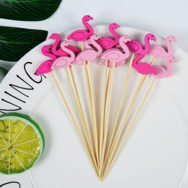 100 Counts Flamingo Cocktailpinnar, handgjorda träspett med flamingoprydnad, födelsedagstillbehör för tropisk djungel Flamingo-festdekoration D