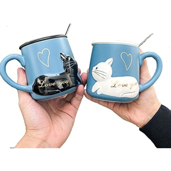 2-pack kattkaffe par set, keramiska kaffekoppar för bruden och brudgummen, present till födelsedag, jubileum, bröllop, alla hjärtans dag (blå)
