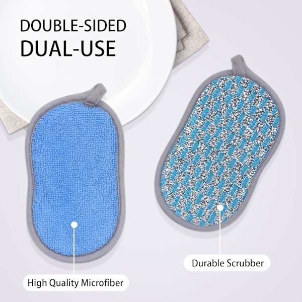Skuresvamp, 6-pak Holdbar Mikrofiber Dobbeltvirkende Køkkenskuresvamp, Genanvendelig Rengøringsskrubber til Opvaskemaskine, 3 Blå + 3 Rosarød