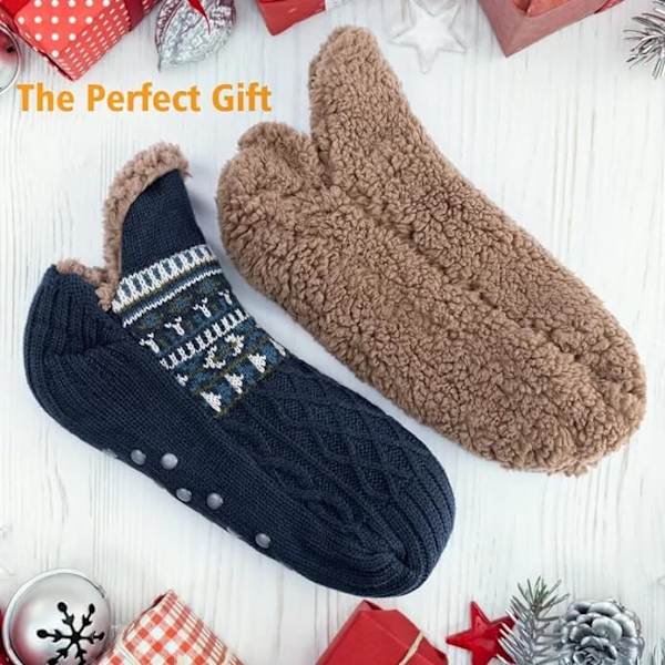 Toffelsockor för män och kvinnor, fluffiga strumpor med grepp, halkfria fleecefodrade, termiskt stöd, julklapp M 40-42 Sapphire 40-42
