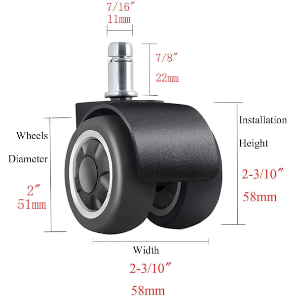 Kontorsstol Hjul, Ersättningshjul i Gummi med Bredare Däckdesign för att Skydda Golv 11mm (Stångdiameter) x 22mm (Stånglängd), Set om 5