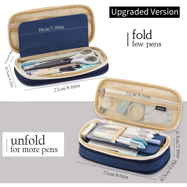 Pencil Pen Etui med Stor Kapacitet til Kontor, College, Skole, Stor Opbevaring, Taske, Pose, Holder, Boks, Organizer, Navy Navy, beige