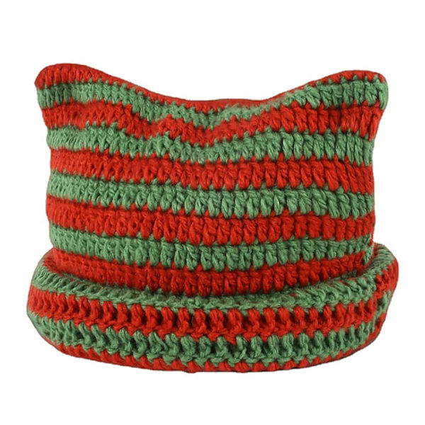 Kissan korvat - neulottu beanie-pipo, raidallinen, punainen ja vihreä, talvinen ja lämmin, joustava Red and Green