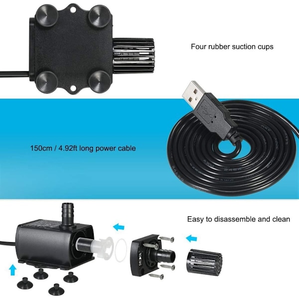 Direkte USB 5V Undervands Vandpumpe Fontænepumpe med Flowjusteringsfunktion 4.8W 300L/H Løftehøjde 300cm IP68 vandtæt
