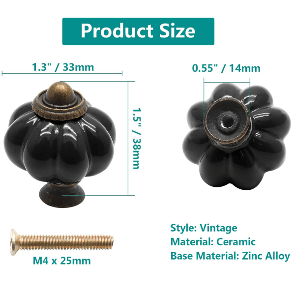 12-pack keramiska dörrknoppar svarta lådknoppar, pumpa keramiska knoppar Vintage skåpsknoppar med monteringsskruvar, antika garderobsdraghandtag, svart black