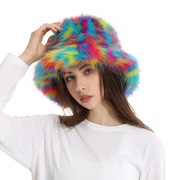 Elegant Fluffig Kvinnors Hinkhatt Vinter Faux Päls Fuzzy Varm Mössa Hatt Blandade Färger Plysch Fiskarehatt Justerbar, färgglad colourful