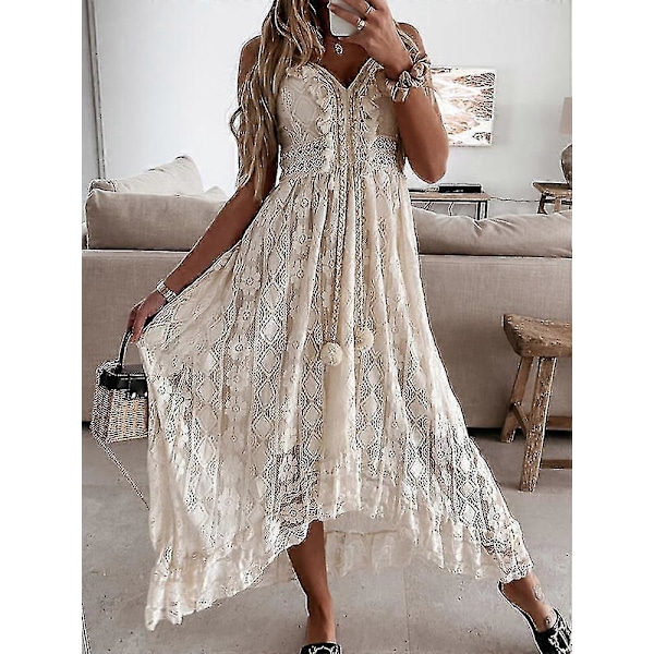 Sommar Boho Långklänningar Dam Spets V-ringning Spaghetti Rem Klänning Damer Off Shoulder Strandklänning