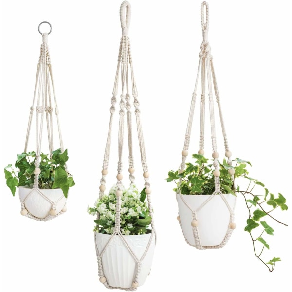 3-pack Macrame Växthängare Inomhus Hängande Planterkorg Blomkruka Hållare Bomullsrep med Pärlor Inga Tofsar, 58cm/73cm/89cm, krukor ingår ej