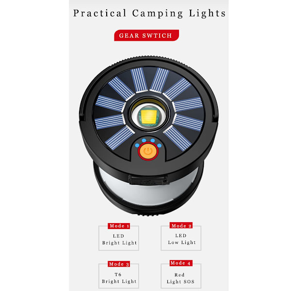 Type-C Uppladdningsbar Utomhus Campinglampa, 1000 Lumen, 4 Lägen Batteridriven, Vattentät Multifunktionell Solar LED Nödlampa