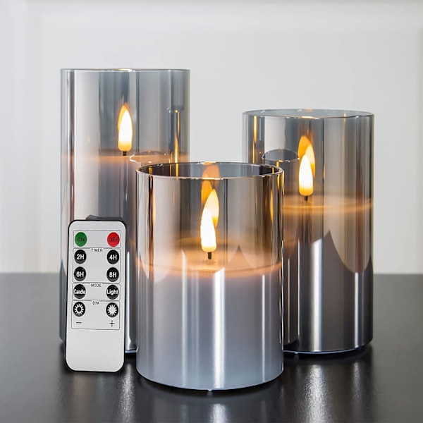Silvergrå Glas Flamlösa Flimrande Ljus med Fjärrkontroll, 3-pack Realistiska LED-Fusk Ljus ∅ 3\" H 4\" 5\" 6\"