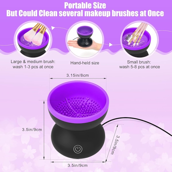 Elektrisk Makeupbørste Renser, Nyt Design Makeupbørste Rengøringsmaskine Egnet til Alle Størrelser Børster, Automatisk Spindemaskine Purple