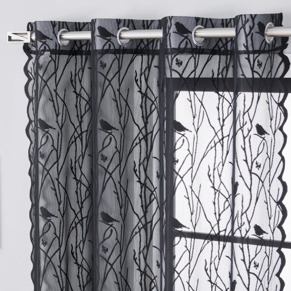 Svarte, gjennomsiktige gardiner, 140×200 cm, brodert fugl på tregren, gjennomsiktige, gjennomsiktige gardiner, lysfiltrerende beskyttelsesgardiner for personvern