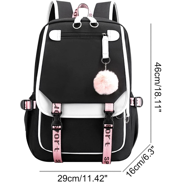 Ryggsäck för tonårsflickor, skolryggsäck för gymnasiet, utomhusryggsäck med USB-laddningsport (21L, svart vit) Pink,Blue