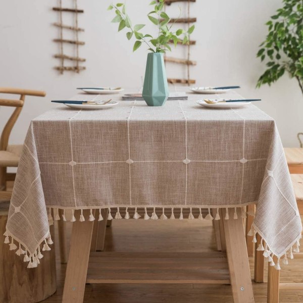 Tvättbar bordsduk i bomull och linne, tofsar Rektangulär Dammtät duk för köksinredning (brunrutig, fyrkantig, 140x140 cm, 4 säten)