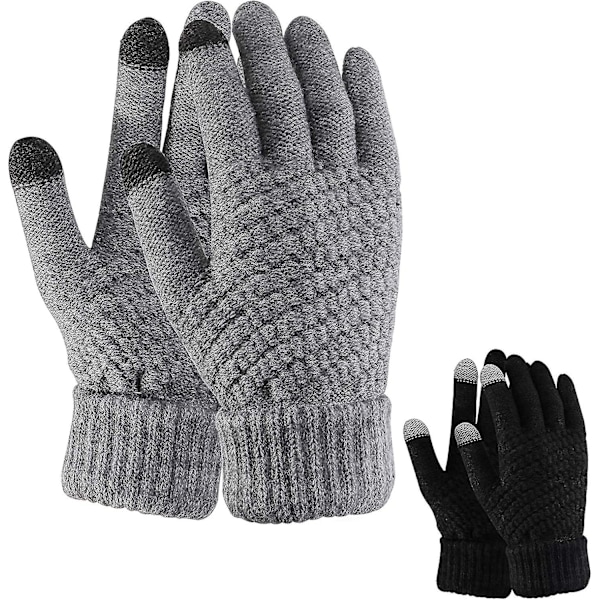 2 Par Knittede Handsker, Tynde Fleeceforing Fuldfingers Handsker, Grå+Sort, Vinter Plys Huld Anti-Slip Fingre, Kuldebeskyttende Strikket Varme Handsker Black,Gray