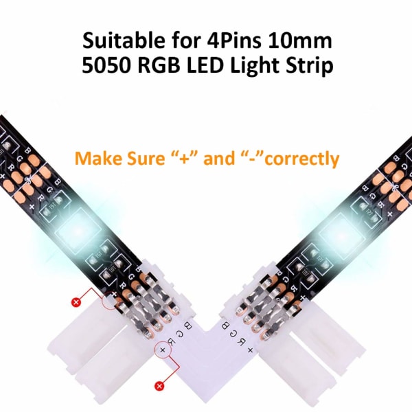 LED-kontakt, inkluderer 10 L-formede kontakter, 2 m LED-strip-forlengelseskabel, 4 LED-strip-forlengelseskabler, 5 4-pins hannkoblinger