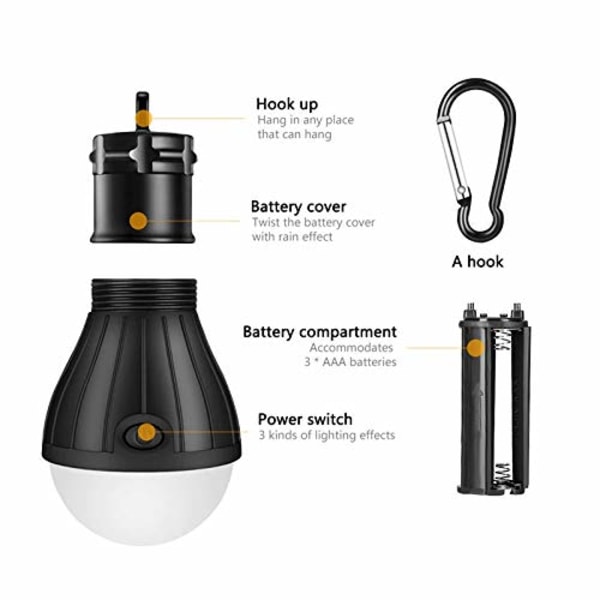 4kpl LED retkeilyvalo, kannettava led-telttavalot Lyhty Reppumatka Retkeily Kalastus Hätävalo Akkukäyttöinen Lamppu, Musta