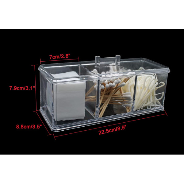 Holder til vatrondeller/vatpinde, med 3 rum, klar akryl badeværelsesbeholder Vanity Organizer Box til vatpinde, kosmetiske pads, hårelastikker, smykker