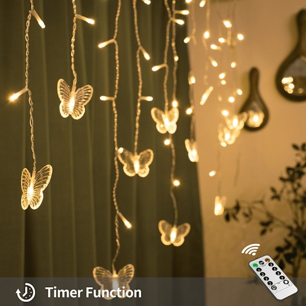 Sommerfugl Lysgardin 4m 96 LED lyslenke 8 Moduser med Fjernkontroll, Lyslenker for Tak Bryllup Juledekorasjon (Varm Hvit)