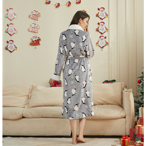 Santa Claus Flanell Morgenkåpe Nattkjole Loungewear for Kvinner Gray penguin XL