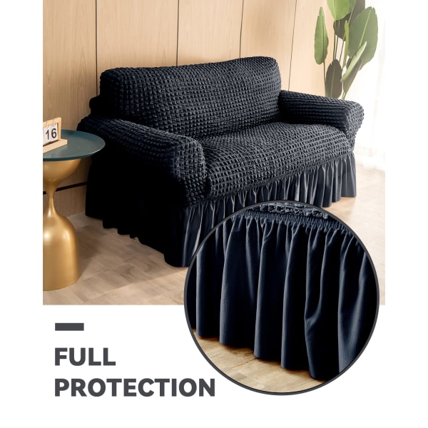 Loveseat Trekk 1 Del for 2-Pute Sofasofa med Skjørt, Slitesterk Vaskbar, Enkel Passform Universal Møbelbeskytter (2-seters, Svart)