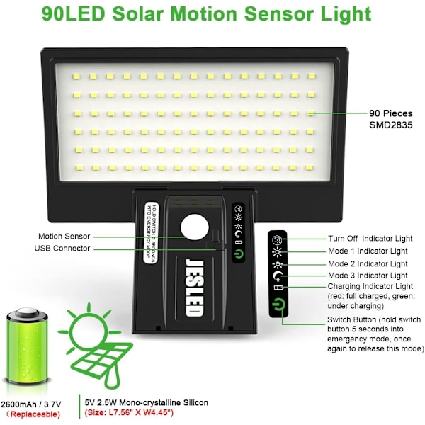Udendørs solcellelampe, 90 LED solcellelampe, vandtæt 2600mAh, USB-opladning, udendørs solcellevæglampe til havehegn, port, terrasse