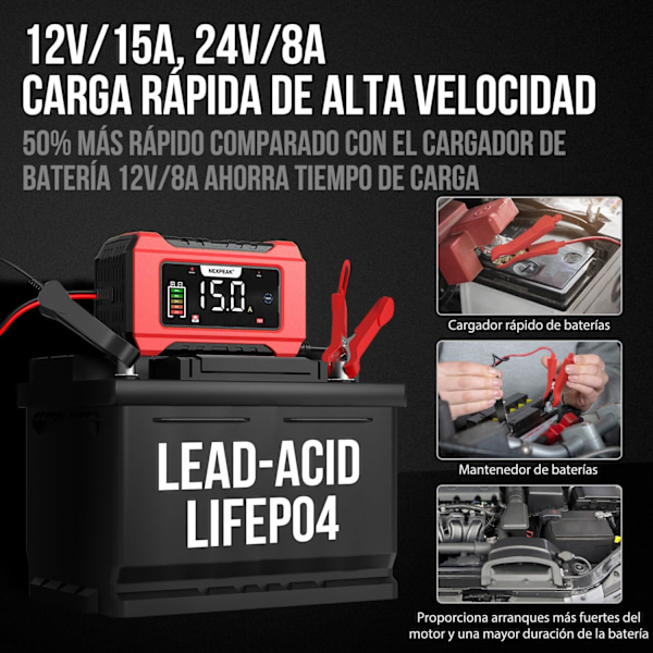 12V 24V LiFePO4 Bærbar Billader 9-Trinns Smart Batterilader for Bil, Lastebil, Motorsykkel, Gressklipper, Båt, Marine