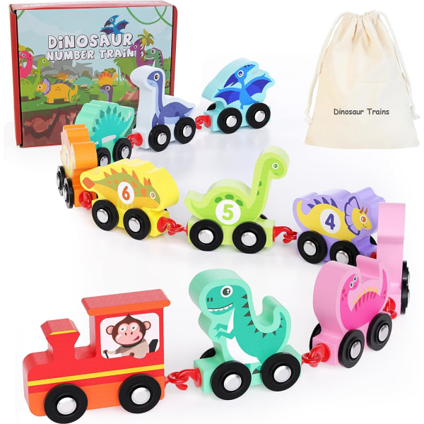 Pædagogisk legetøj Dinosaurtogsæt i træ med 0-10 farverige tal Togtælling Lærerlegetøjsgave julegave